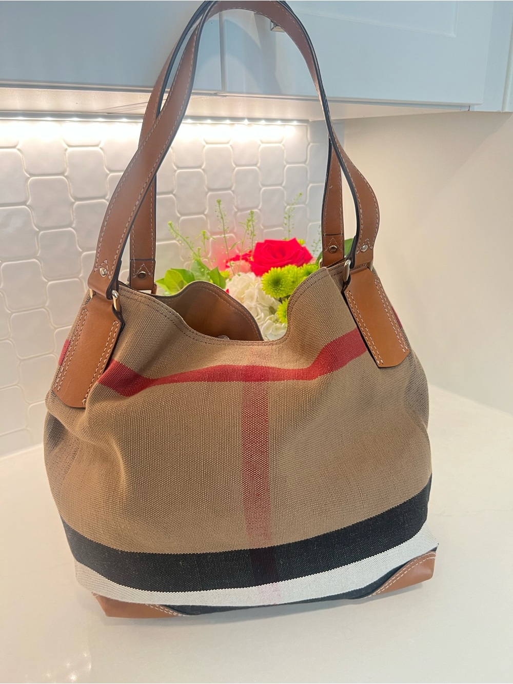 Authentic Burberry Canvas Shoulder Bag - Tan with Black, White & Red Stripes
